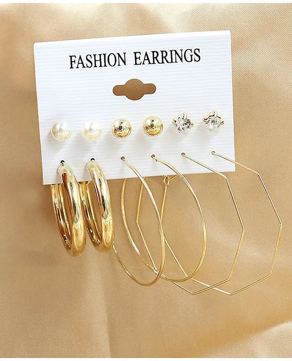 MADNI 6-Piece Women's Earrings Set Hoop Earrings with Pearls and Cubic Zirconia, Gold Tone, Fashion Jewelry Set for Women and Girls