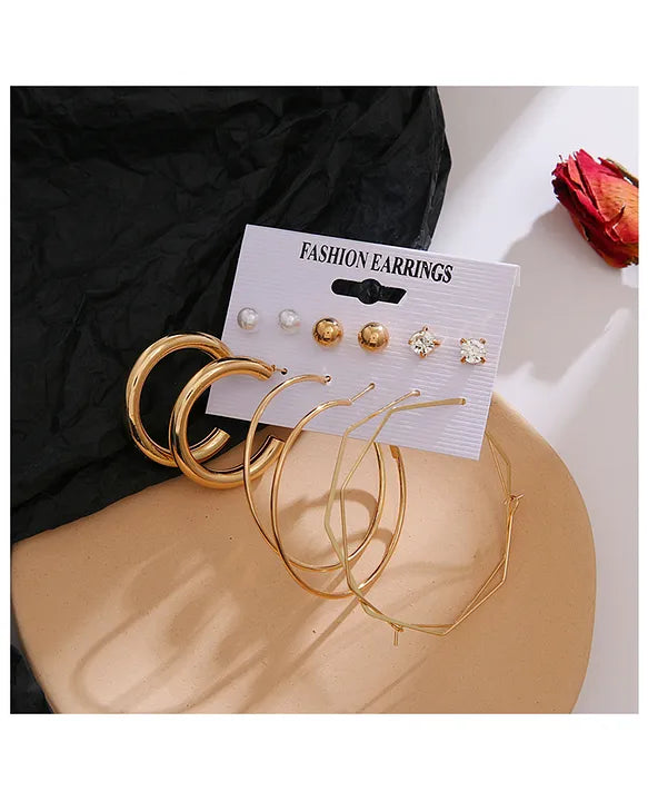 MADNI 6-Piece Women's Earrings Set Hoop Earrings with Pearls and Cubic Zirconia, Gold Tone, Fashion Jewelry Set for Women and Girls