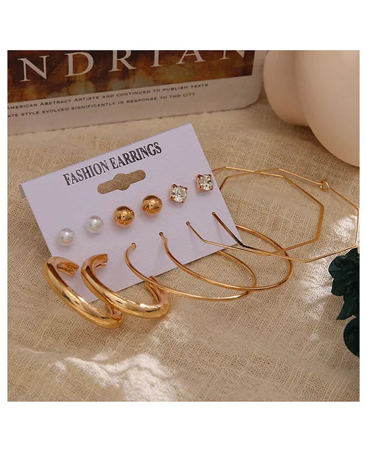 MADNI 6-Piece Women's Earrings Set Hoop Earrings with Pearls and Cubic Zirconia, Gold Tone, Fashion Jewelry Set for Women and Girls