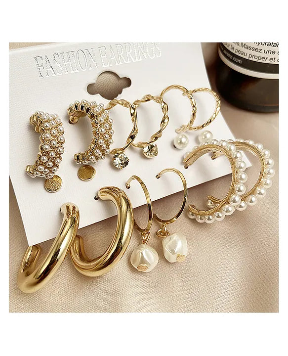 MADNI Little Pearl Earrings Set of 9, Celebrity Inspired Latest Stylish Gold Plated Hoop and Crystal Pearl Stud Earrings for Women