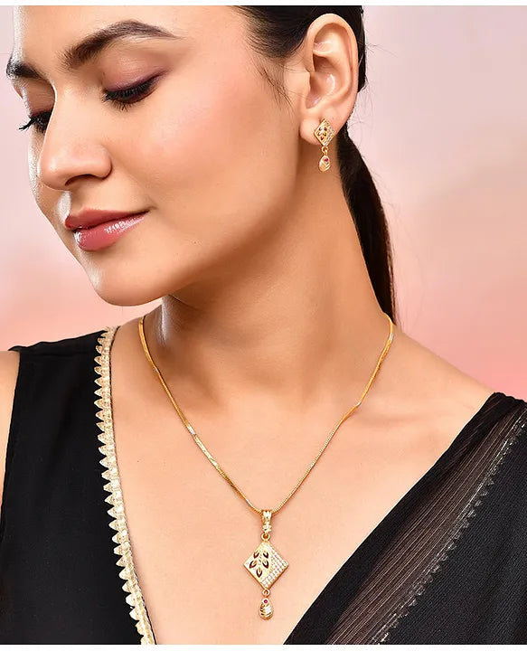 VALLEY OF JEWELLERY Gold Plated Geometrical  AD Stone Studded Chain Set