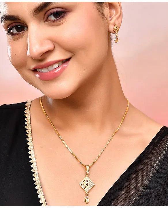 VALLEY OF JEWELLERY Gold Plated Geometrical  AD Stone Studded Chain Set