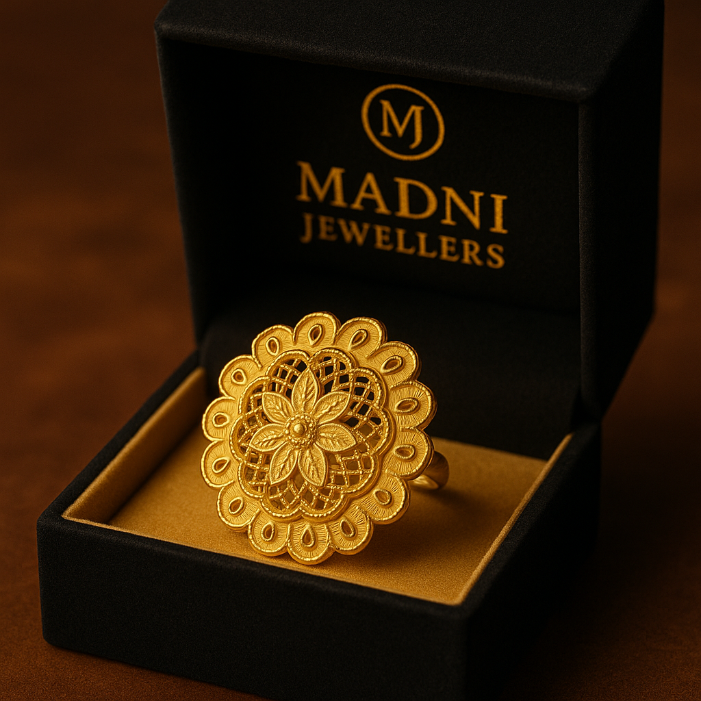 Floral Antique Gold Finish Ring – Traditional Design by Madni Jewellers